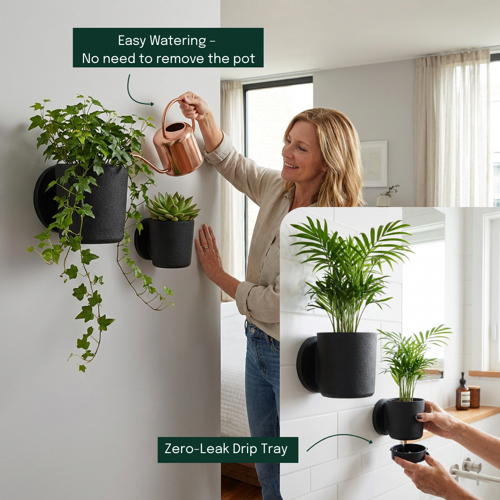 Raw Wall Planters Bundle in black, featuring easy watering and zero-leak drip tray for indoor plants.