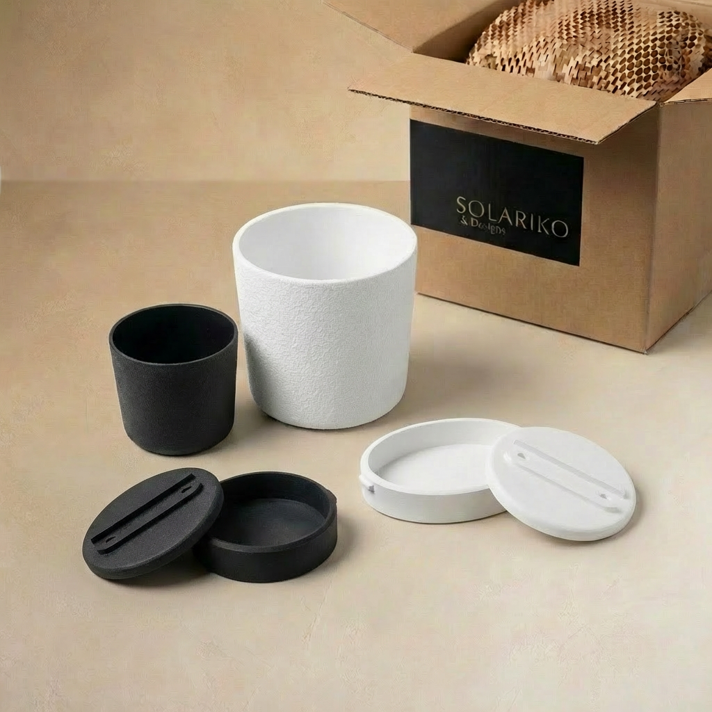 Raw Wall Planters Bundle in black and white, includes small and large pots with matching lids.