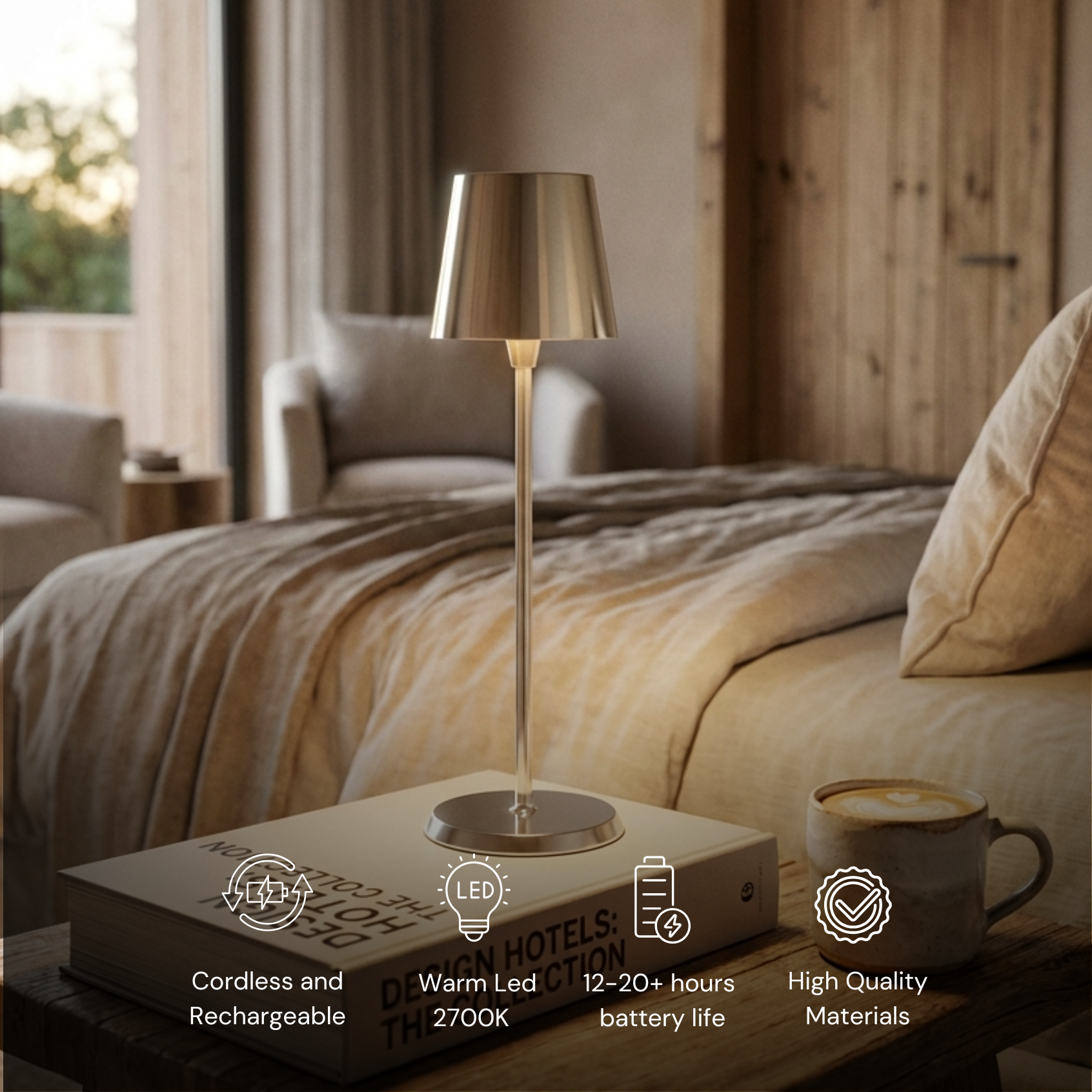 Selene Table Lamp in brushed champagne gold with a modern design, perfect for bedside or living spaces.