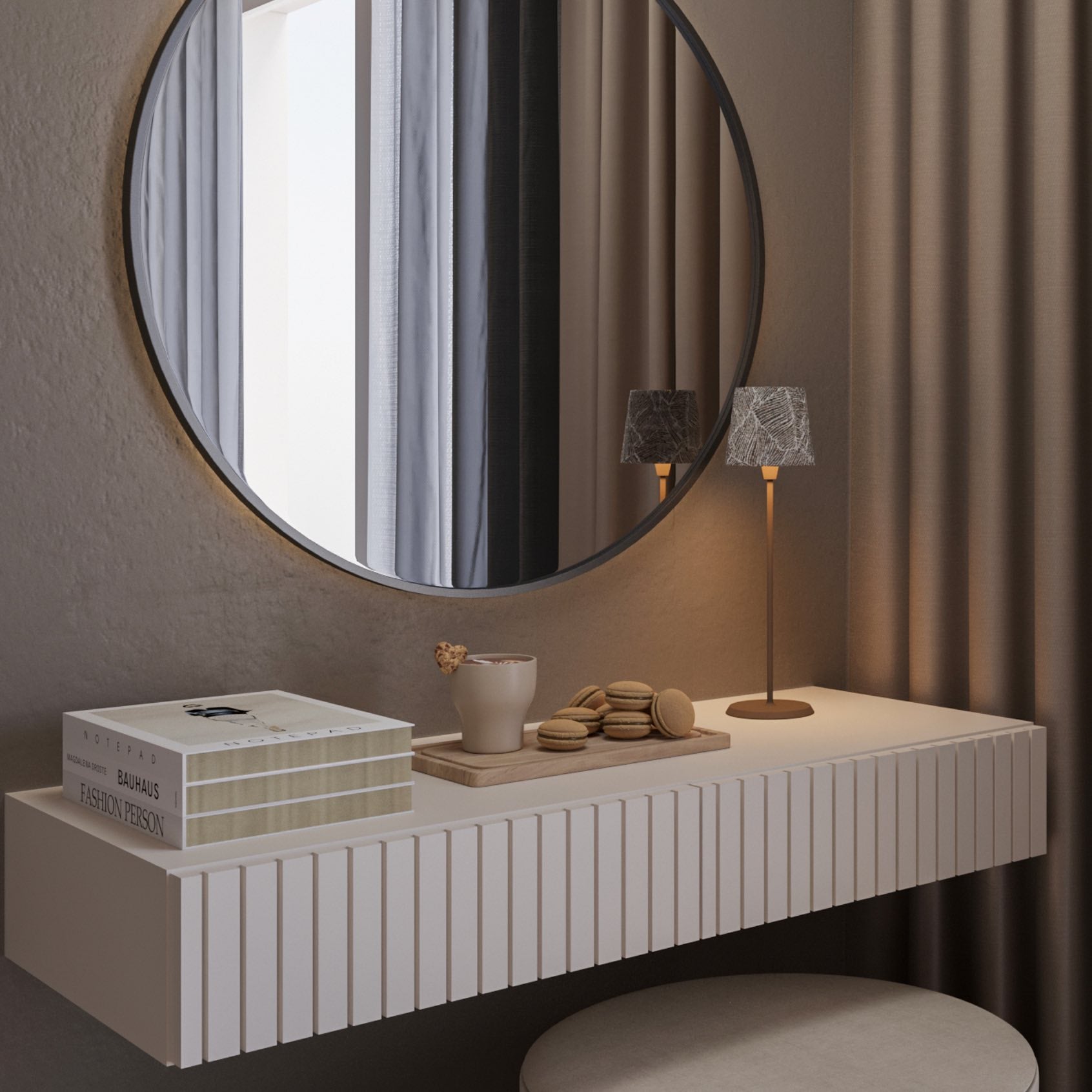 Selene Table Lamp in champagne gold on a modern shelf with a round mirror and decorative items.