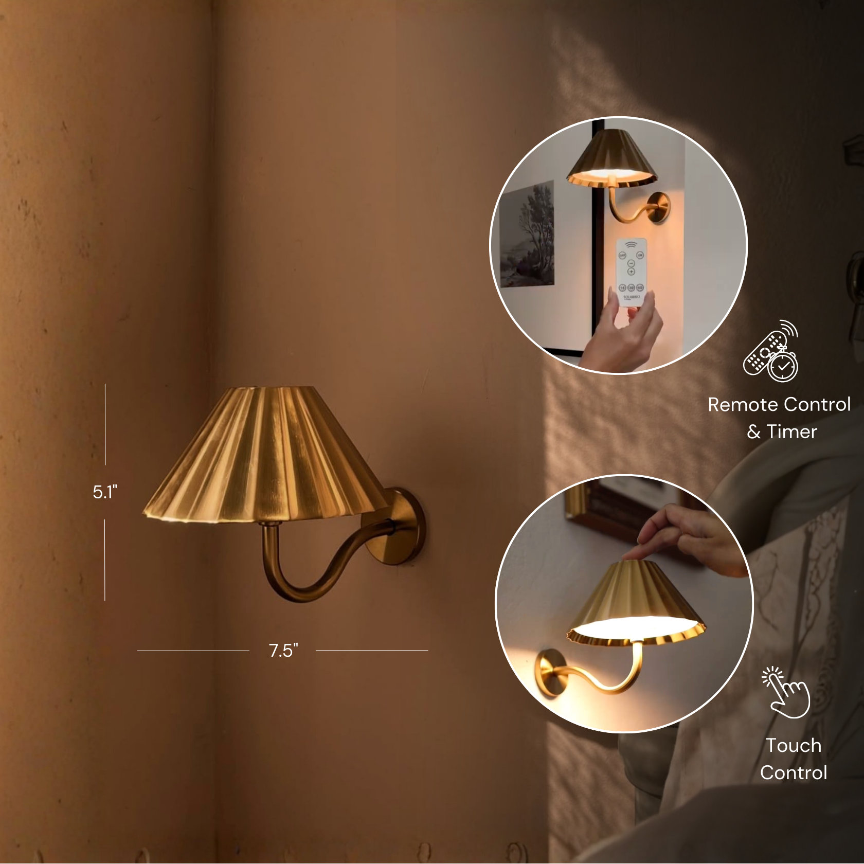 Amalfi Wall Sconce in brushed gold with remote control and touch features, ideal for stylish lighting.